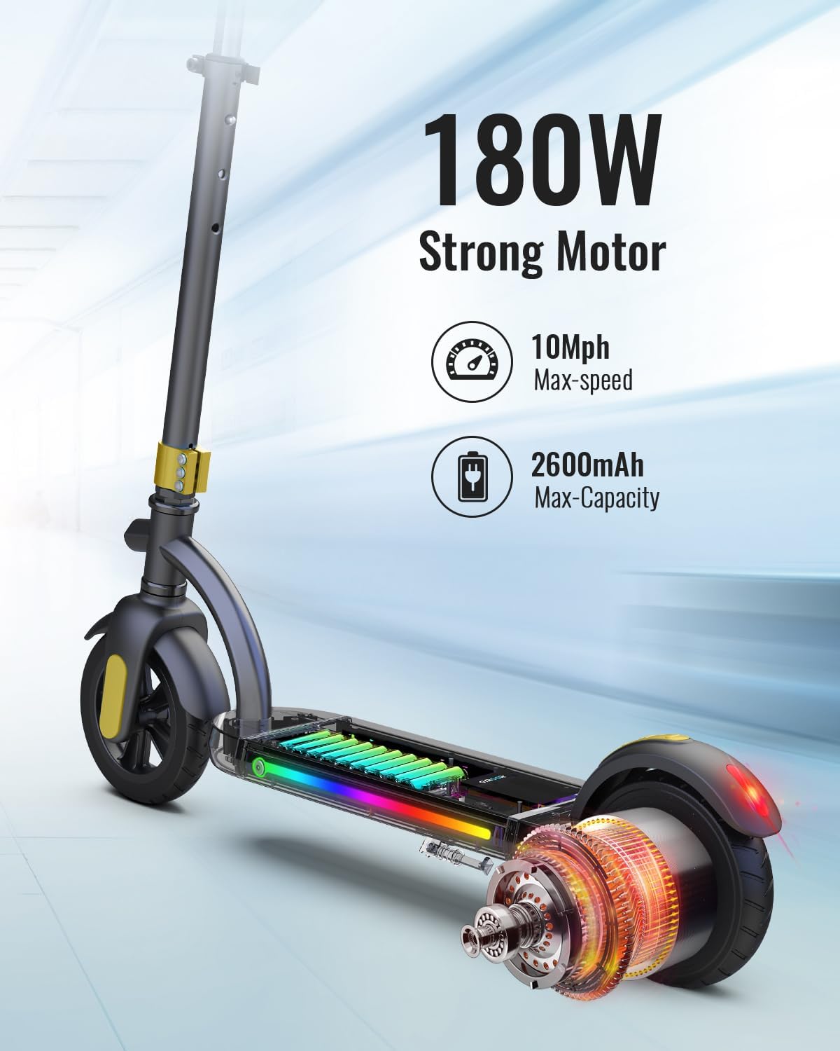 Kids Electric Scooter: 180W Motor, 10 MPH with LED Display, Adjustable Height