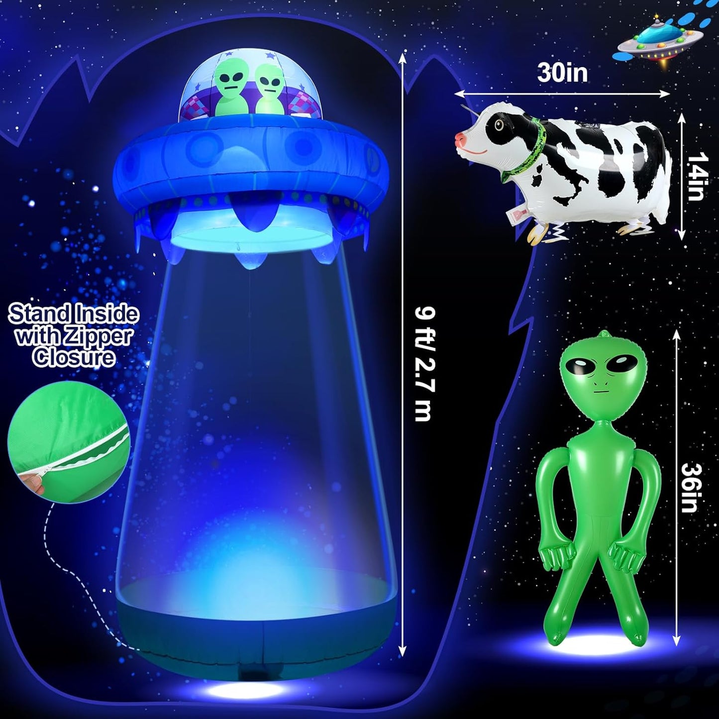 9 FT Halloween Inflatable UFO, Cow & Alien Yard Decor with LED