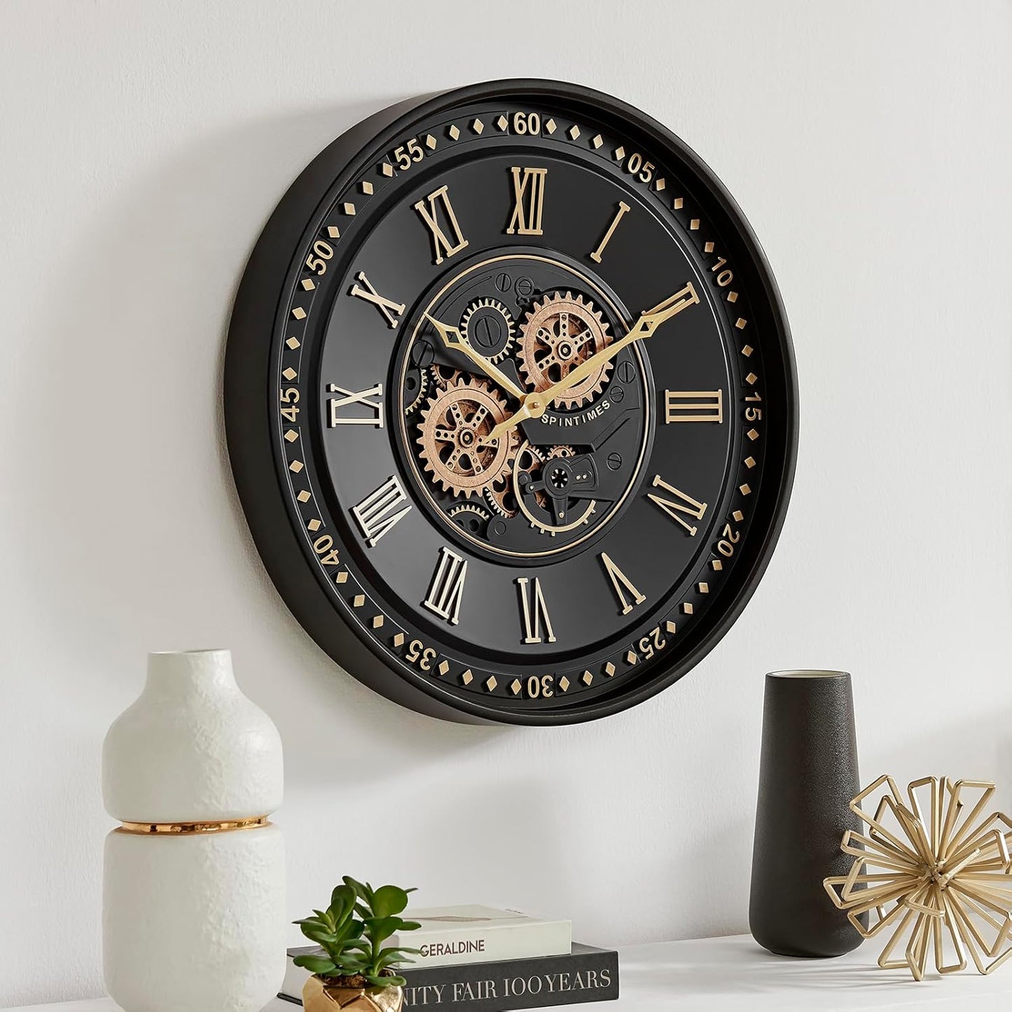 24-Inch Steampunk Metal Wall Clock with Real Moving Gears