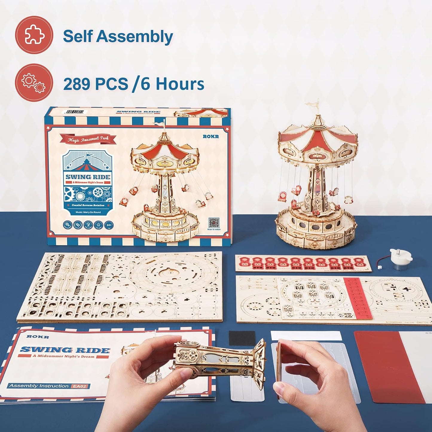 3D Wooden Music Box Puzzle Kit: Rotating Swing Ride with LED