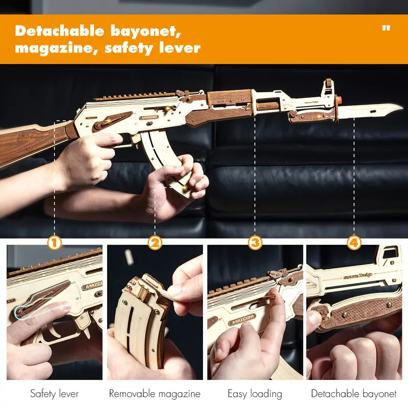 Assault Rifle Model: 3D Wooden Puzzle, DIY Craft Kit