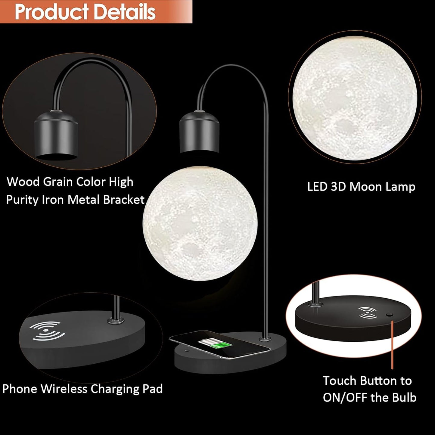 Magnetic Levitating Moon Lamp: LED Night Light with Wireless Charging