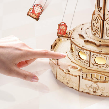 3D Wooden Music Box Puzzle Kit: Rotating Swing Ride with LED