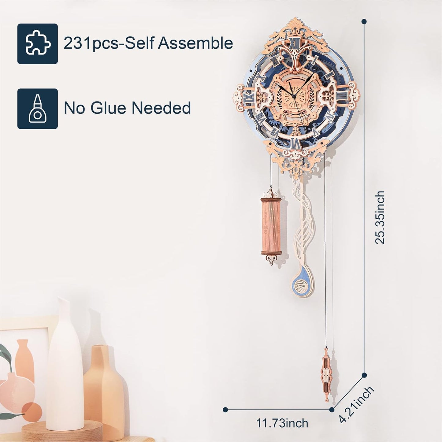 12" Vintage Wooden Pendulum Clock - 3D Puzzle Kits