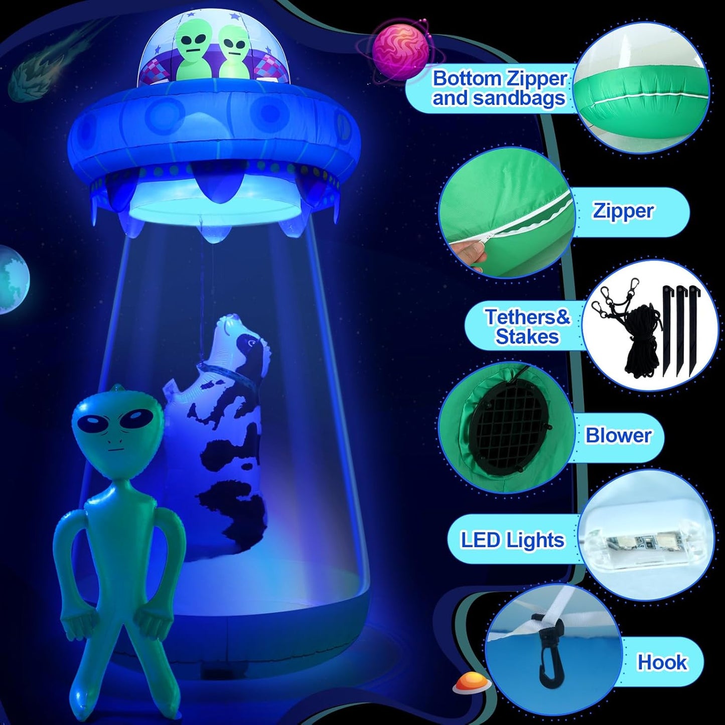 9 FT Halloween Inflatable UFO, Cow & Alien Yard Decor with LED