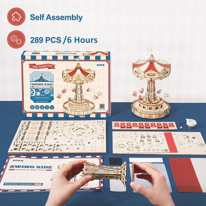 3D Wooden Music Box Puzzle Kit: Rotating Swing Ride with LED