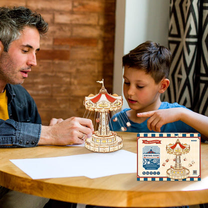 3D Wooden Music Box Puzzle Kit: Rotating Swing Ride with LED