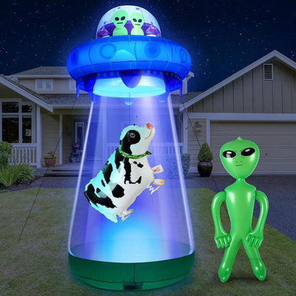9 FT Halloween Inflatable UFO, Cow & Alien Yard Decor with LED