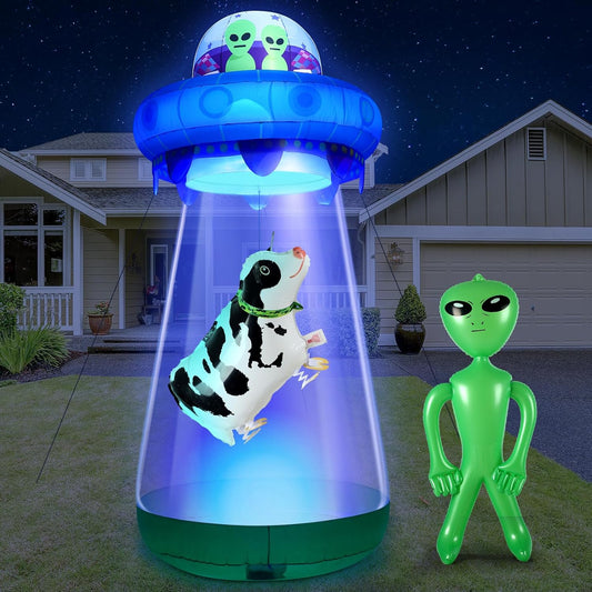 9 FT Halloween Inflatable UFO, Cow & Alien Yard Decor with LED