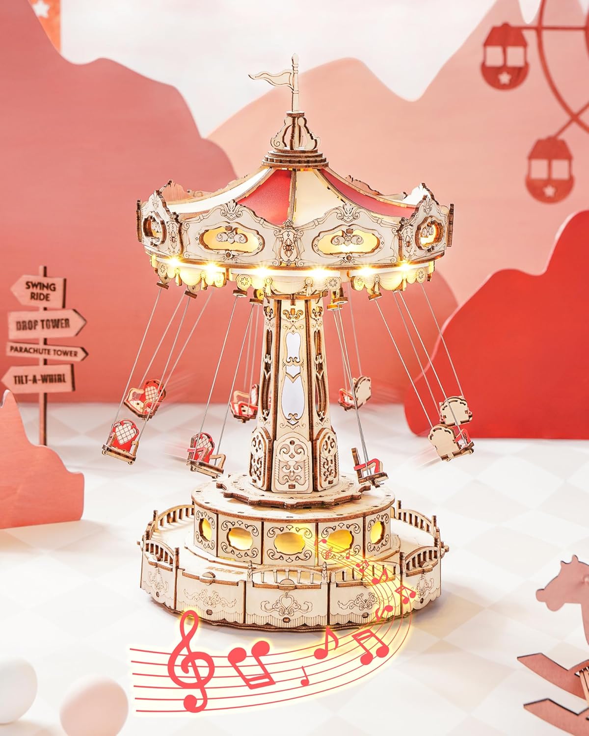 3D Wooden Music Box Puzzle Kit: Rotating Swing Ride with LED