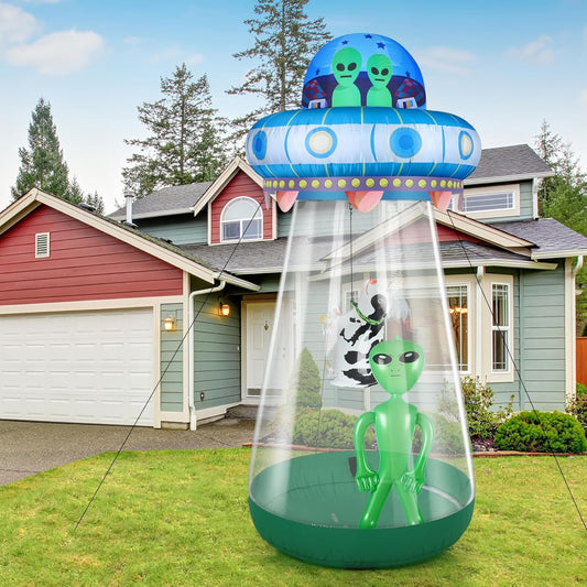 9 FT Halloween Inflatable UFO, Cow & Alien Yard Decor with LED