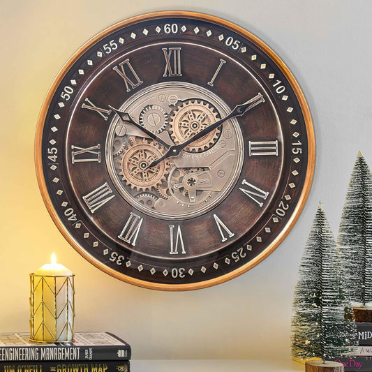 24-Inch Steampunk Metal Wall Clock with Real Moving Gears