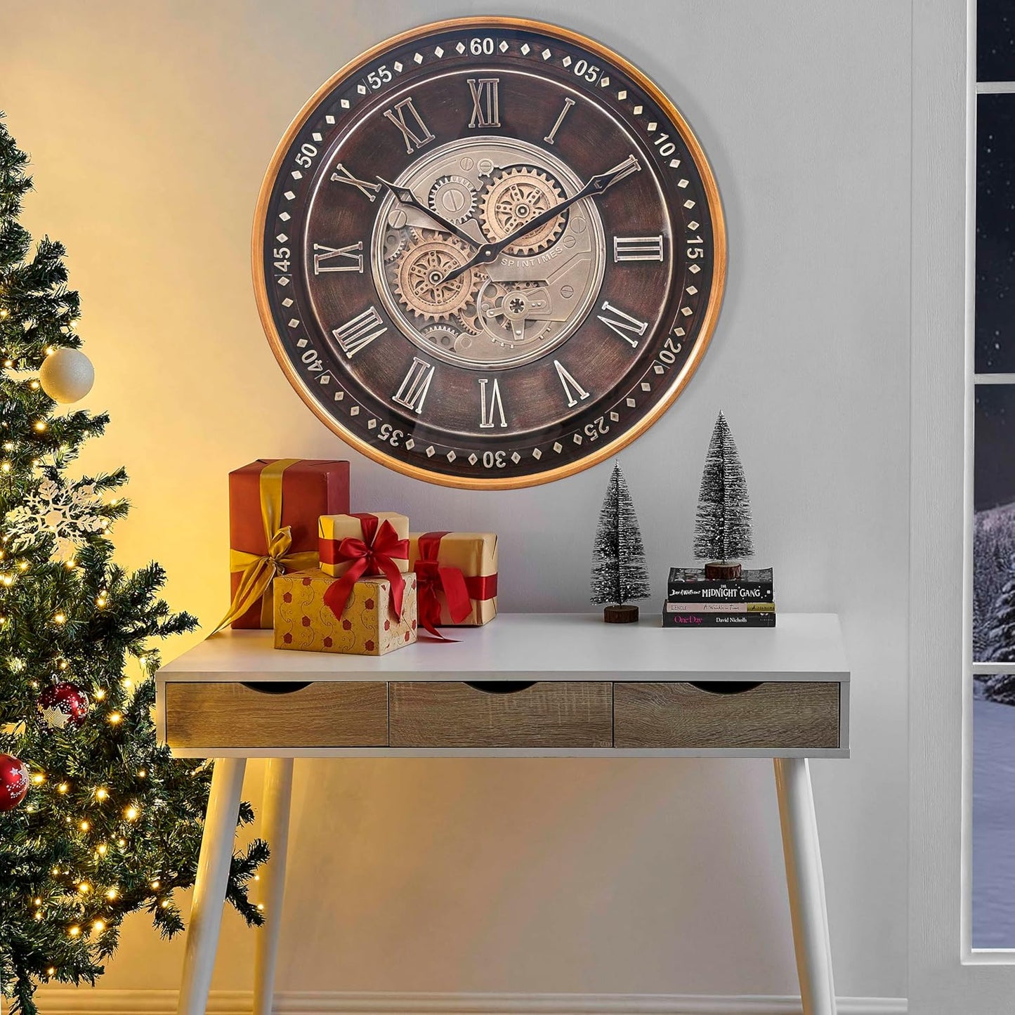 24-Inch Steampunk Metal Wall Clock with Real Moving Gears