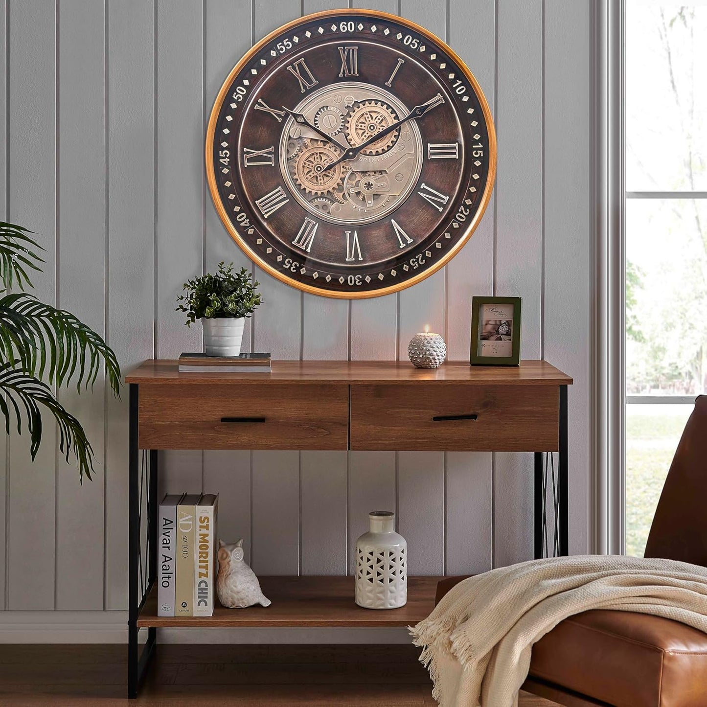 24-Inch Steampunk Metal Wall Clock with Real Moving Gears