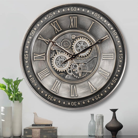 24-Inch Steampunk Metal Wall Clock with Real Moving Gears